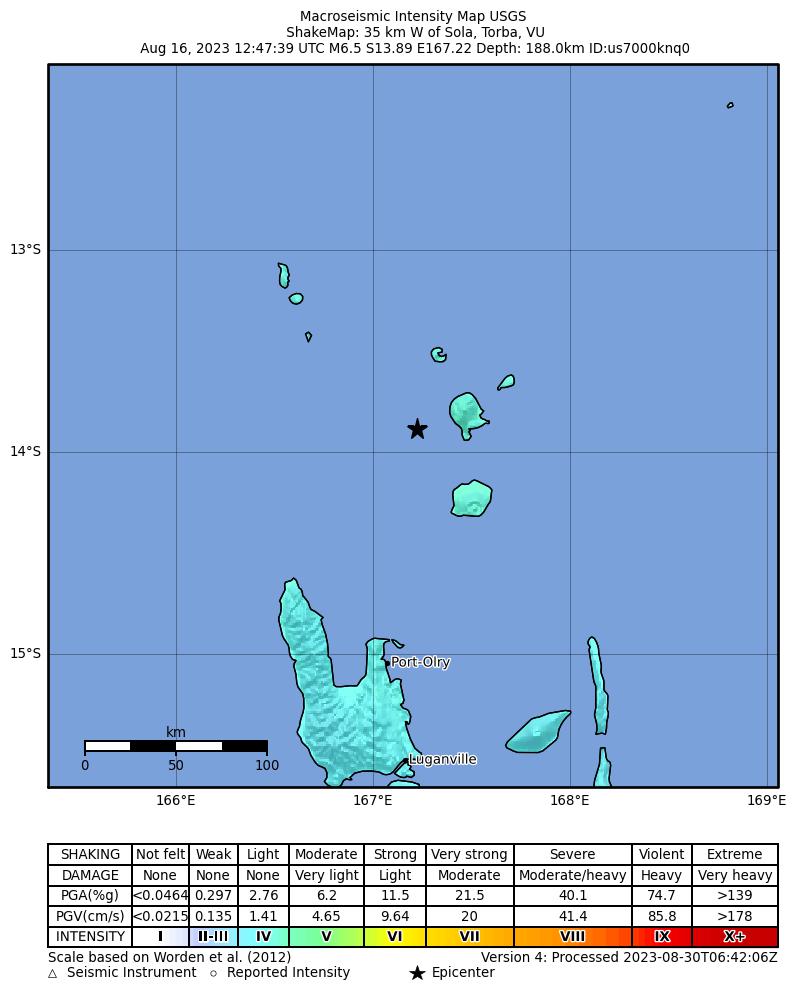 USGS ShakeMap intensity contours for the M6.5 earthquake near 35 km W of Sola, Vanuatu