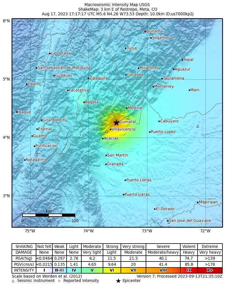 USGS ShakeMap intensity contours for the M5.6 earthquake near 3 km E of Restrepo, Colombia