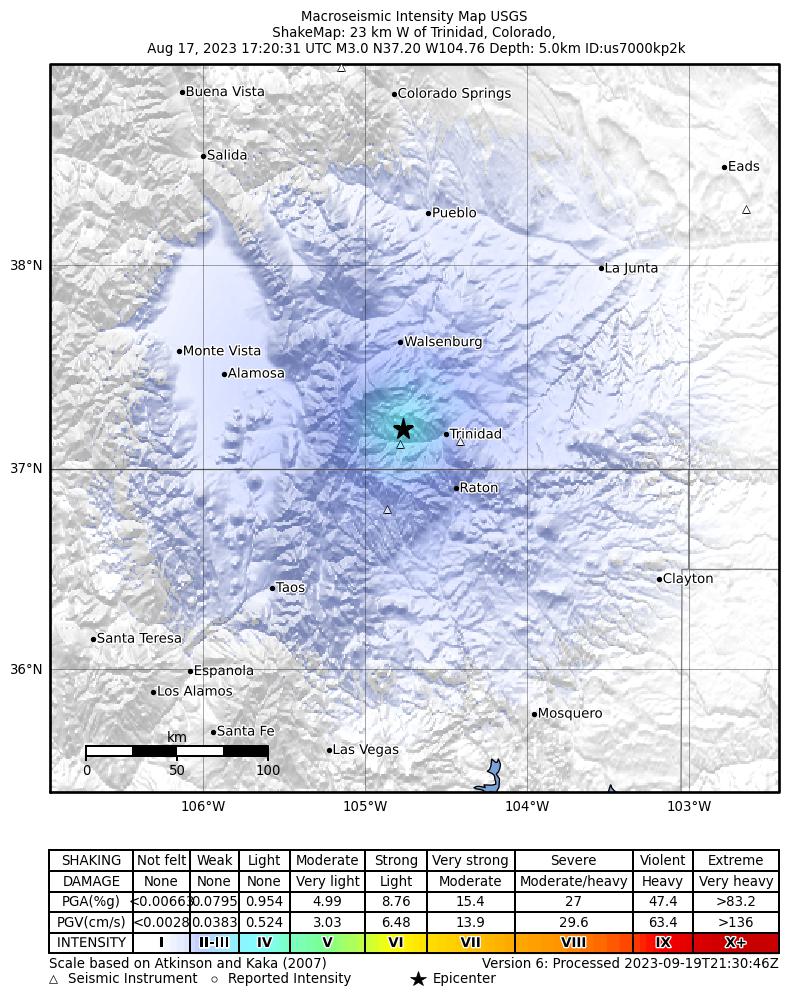 USGS ShakeMap intensity contours for the M3.0 earthquake near Colorado