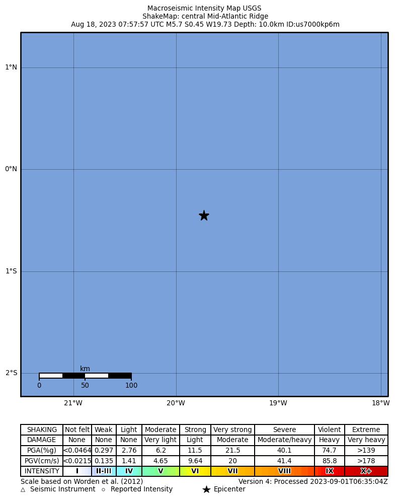 USGS ShakeMap intensity contours for the M5.7 earthquake near central Mid-Atlantic Ridge