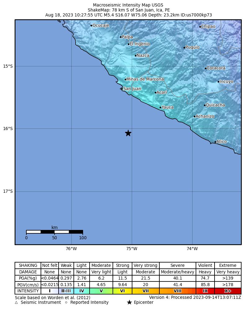 USGS ShakeMap intensity contours for the M5.4 earthquake near 78 km S of San Juan, Peru