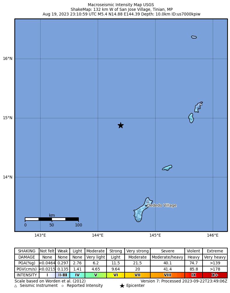 USGS ShakeMap intensity contours for the M5.4 earthquake near 132 km W of San Jose Village, Northern Mariana Islands