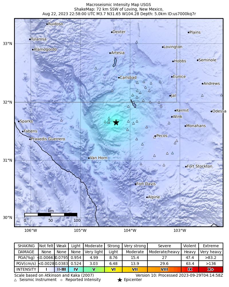 USGS ShakeMap intensity contours for the M4.0 earthquake near 57 km S of Whites City, New Mexico