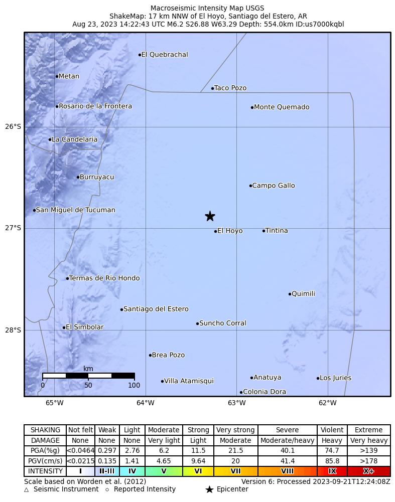 USGS ShakeMap intensity contours for the M6.2 earthquake near 17 km NNW of El Hoyo, Argentina