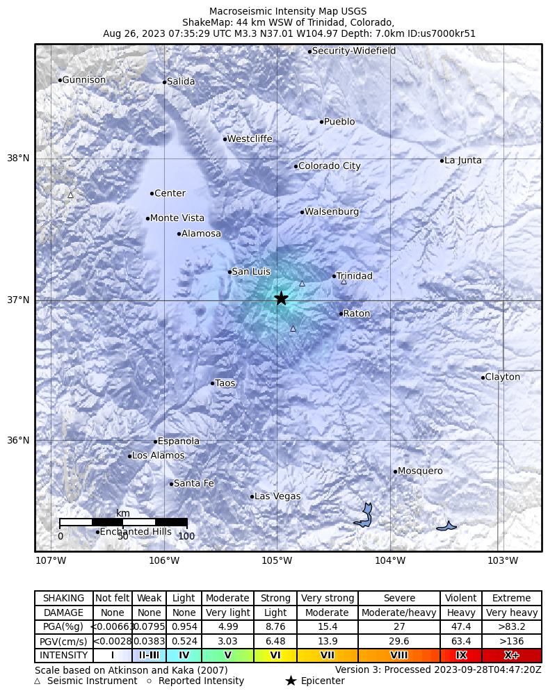 USGS ShakeMap: estimated shaking intensity around the epicenter