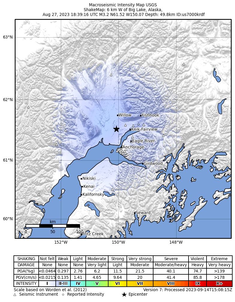 USGS ShakeMap intensity contours for the M3.0 earthquake near 5 km WSW of Big Lake, Alaska