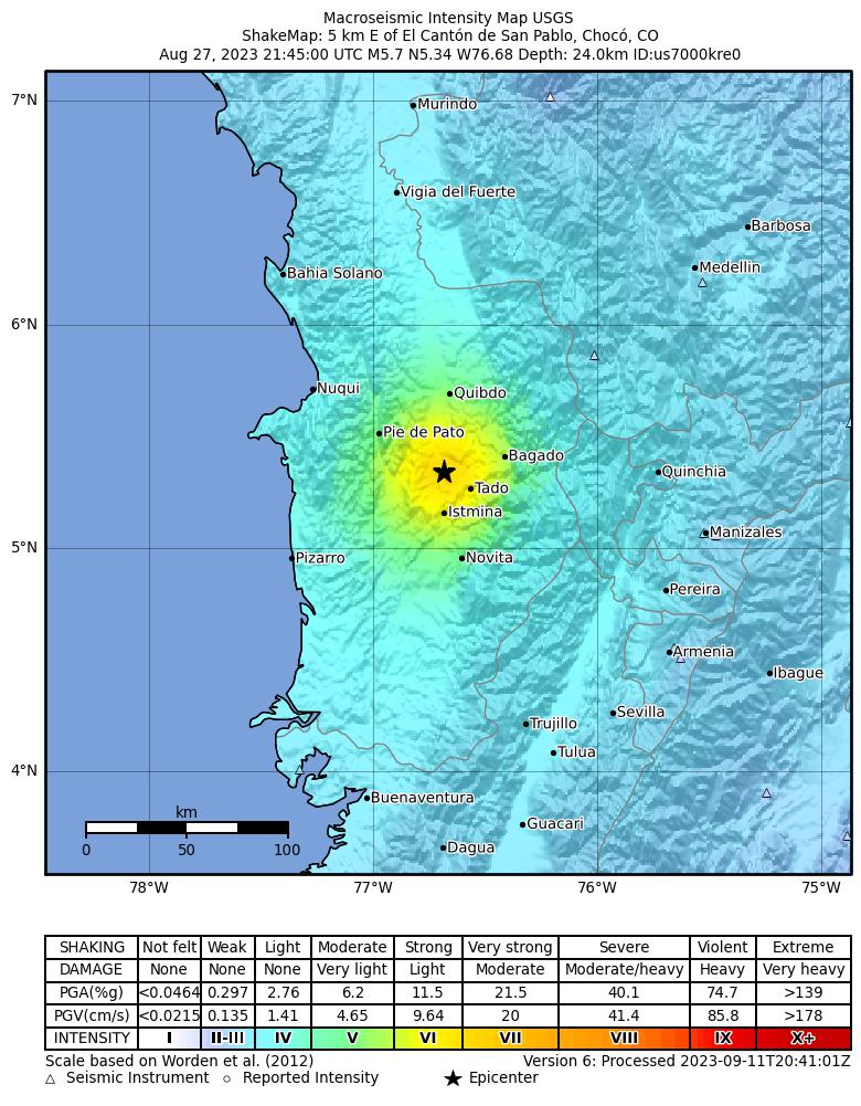 USGS ShakeMap intensity contours for the M5.7 earthquake near 5 km E of El Cantón de San Pablo, Colombia