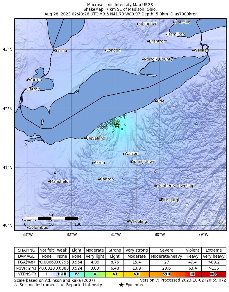 USGS ShakeMap: estimated shaking intensity around the epicenter