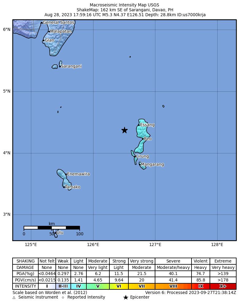 USGS ShakeMap intensity contours for the M5.3 earthquake near Pulau-Pulau Talaud, Indonesia