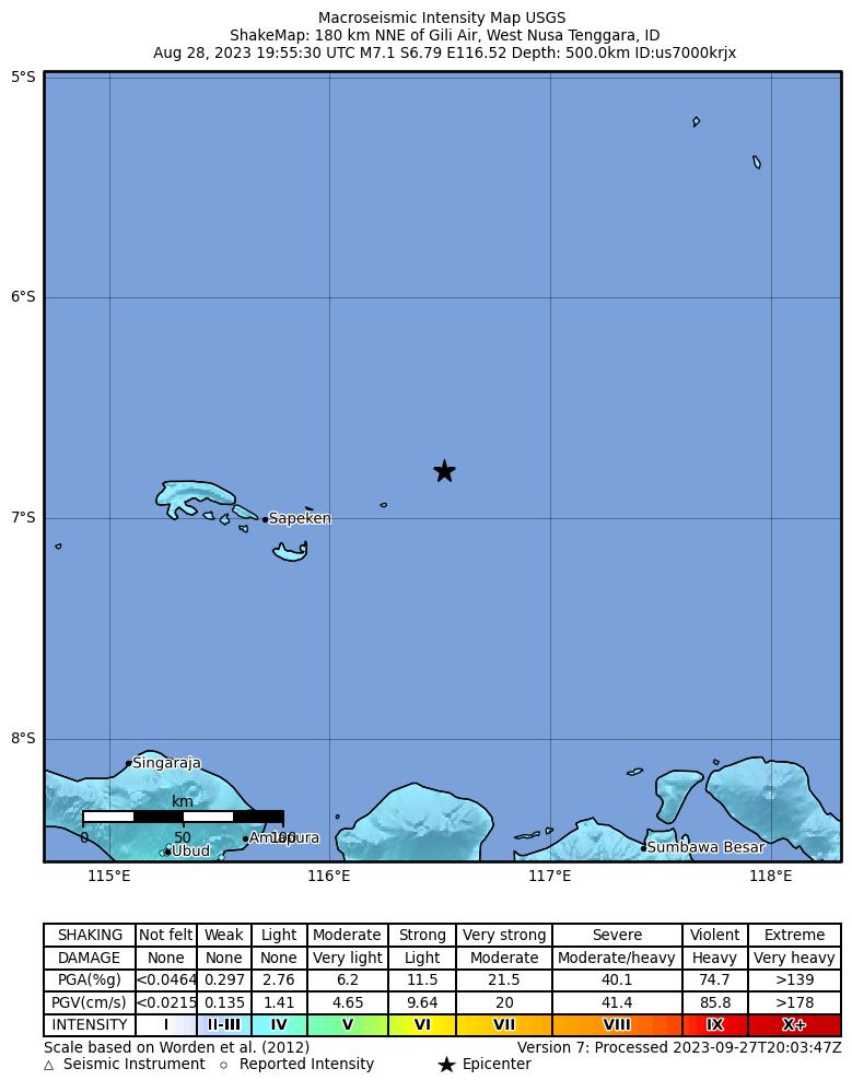 USGS ShakeMap intensity contours for the M7.1 earthquake near 180 km NNE of Gili Air, Indonesia