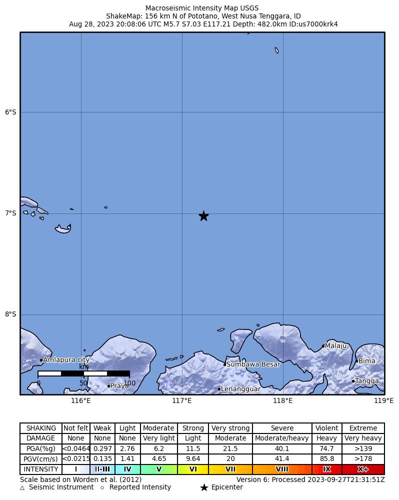 USGS ShakeMap intensity contours for the M5.7 earthquake near 156 km N of Pototano, Indonesia