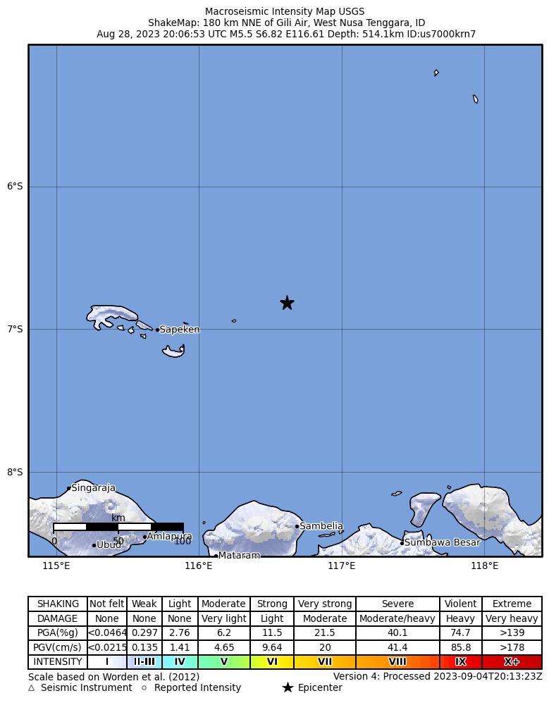 USGS ShakeMap intensity contours for the M5.5 earthquake near 180 km NNE of Gili Air, Indonesia