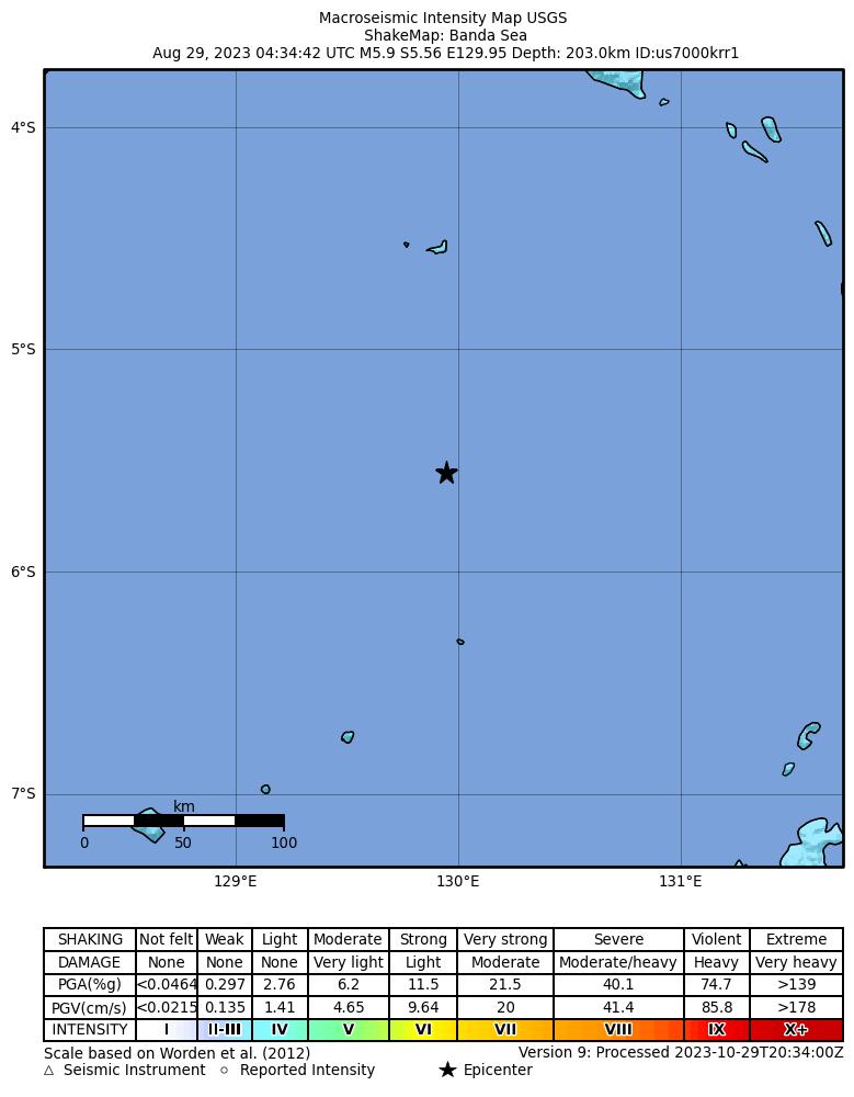 USGS ShakeMap intensity contours for the M5.9 earthquake near 270 km SSE of Amahai, Indonesia