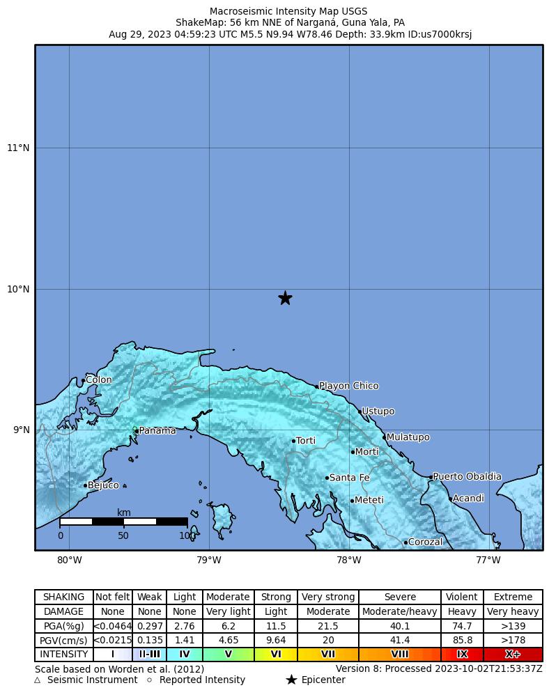 USGS ShakeMap intensity contours for the M5.5 earthquake near 56 km NNE of Narganá, Panama