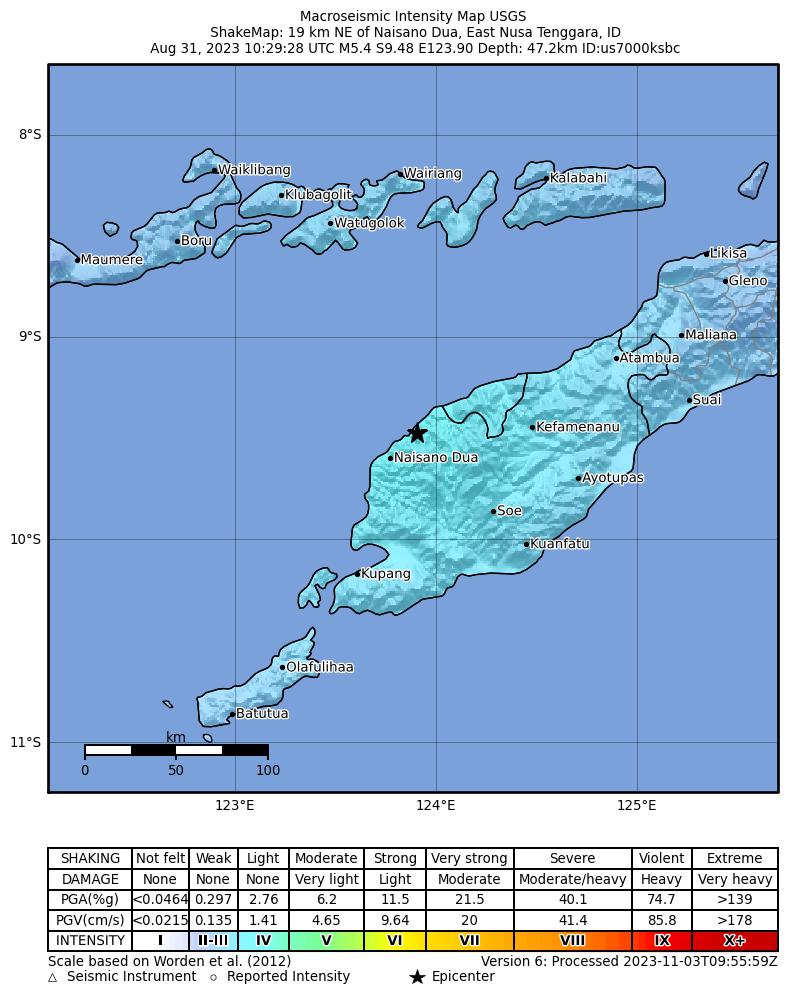USGS ShakeMap intensity contours for the M5.4 earthquake near 19 km NE of Naisano Dua, Indonesia