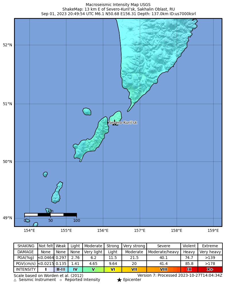 USGS ShakeMap intensity contours for the M6.1 earthquake near 13 km E of Severo-Kuril’sk, Russia
