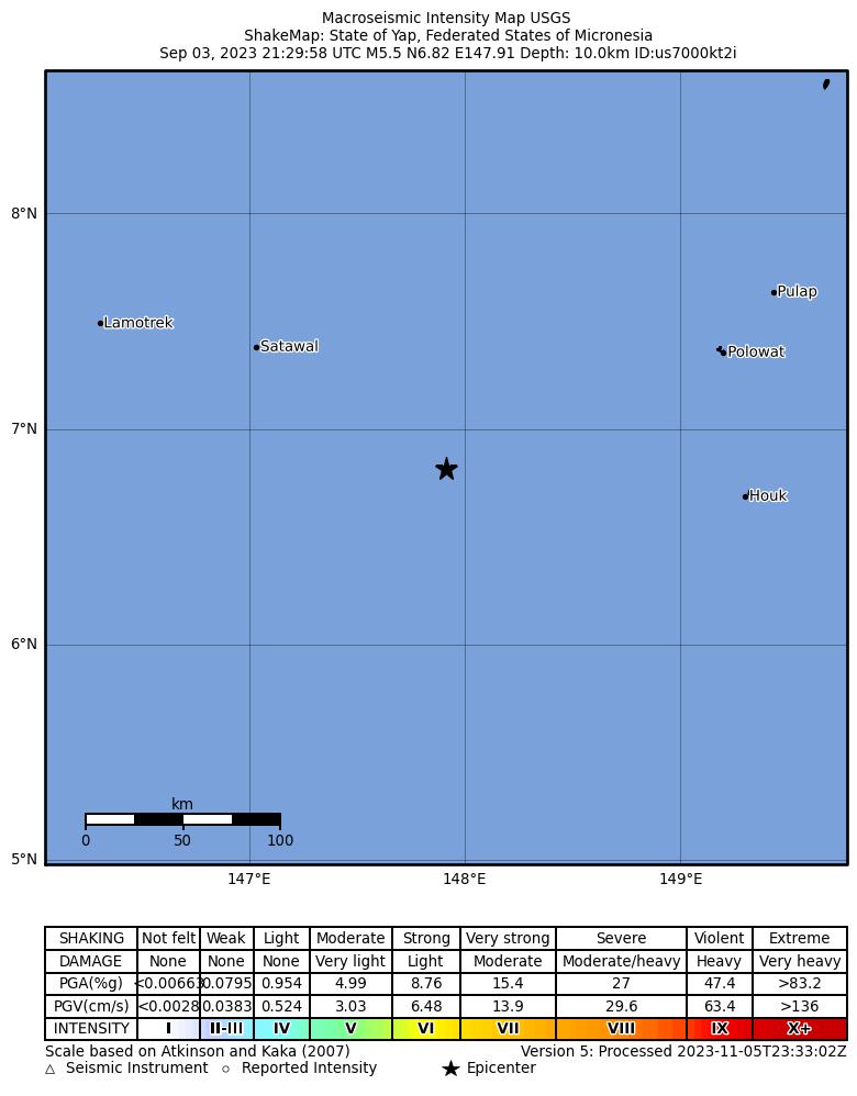 USGS ShakeMap intensity contours for the M5.5 earthquake near State of Yap, Federated States of Micronesia