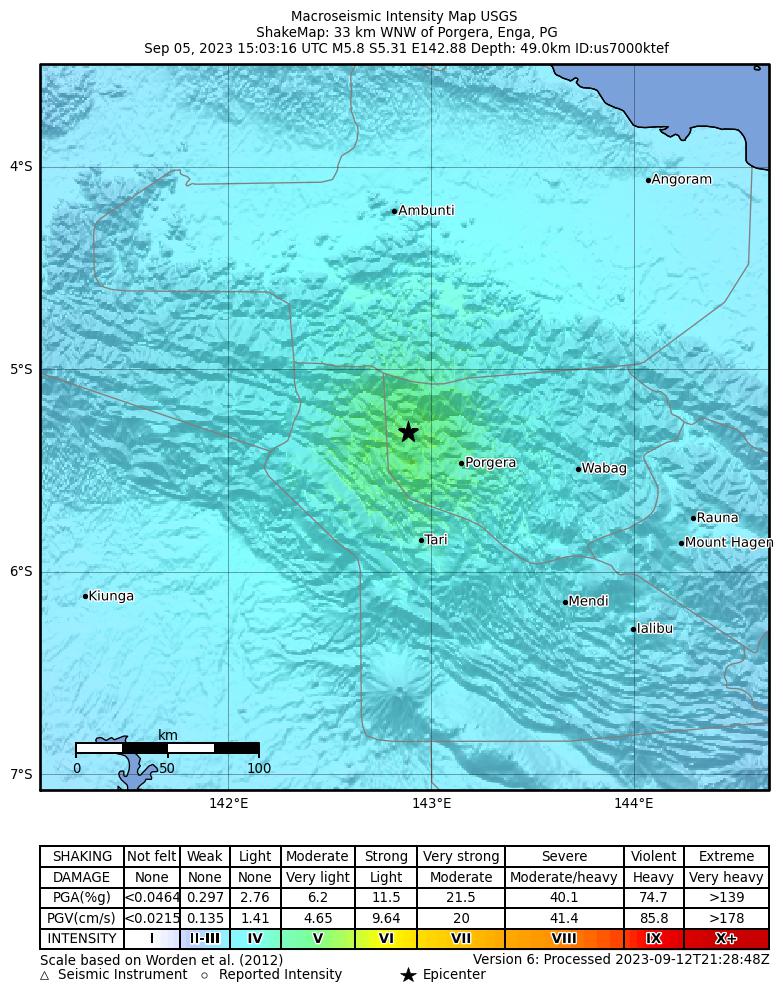 USGS ShakeMap intensity contours for the M5.8 earthquake near Enga, Papua New Guinea