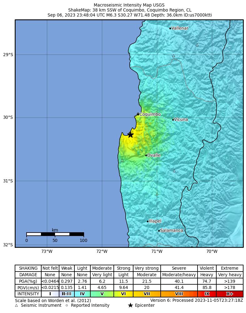 USGS ShakeMap intensity contours for the M6.3 earthquake near 38 km SSW of Coquimbo, Chile