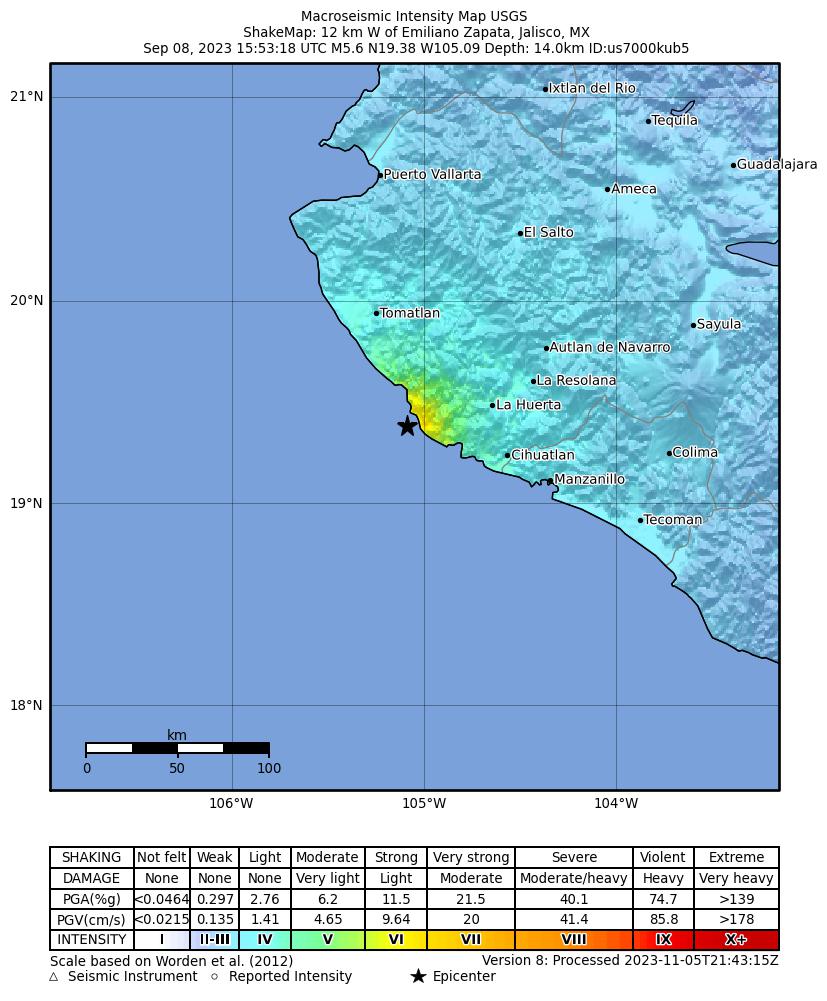 USGS ShakeMap intensity contours for the M5.6 earthquake near 12 km W of Emiliano Zapata, Mexico