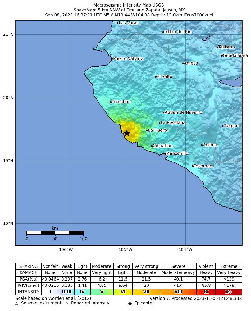 USGS ShakeMap intensity contours for the M5.8 earthquake near 5 km NNW of Emiliano Zapata, Mexico