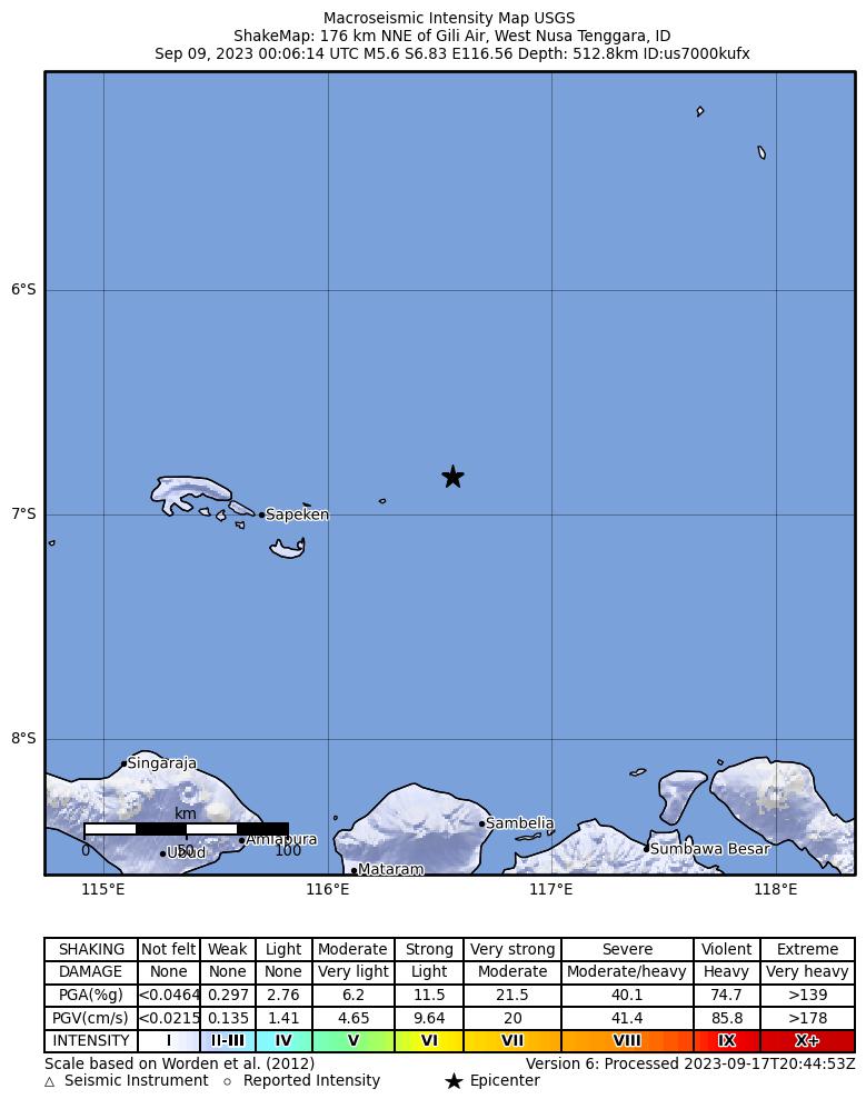 USGS ShakeMap intensity contours for the M5.6 earthquake near 176 km NNE of Gili Air, Indonesia