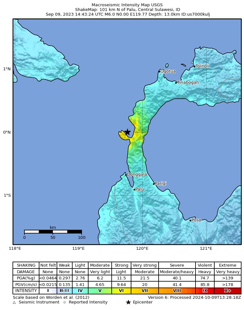 USGS ShakeMap intensity contours for the M6.0 earthquake near 101 km N of Palu, Indonesia
