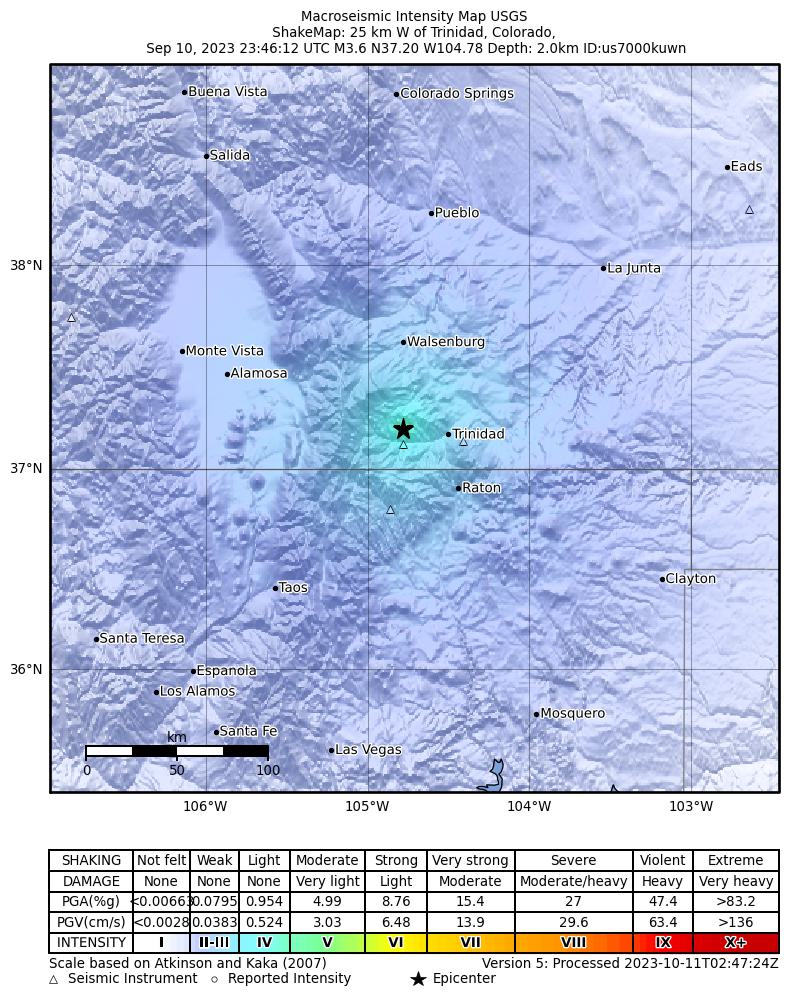 USGS ShakeMap intensity contours for the M3.6 earthquake near 8 km NNW of Segundo, Colorado