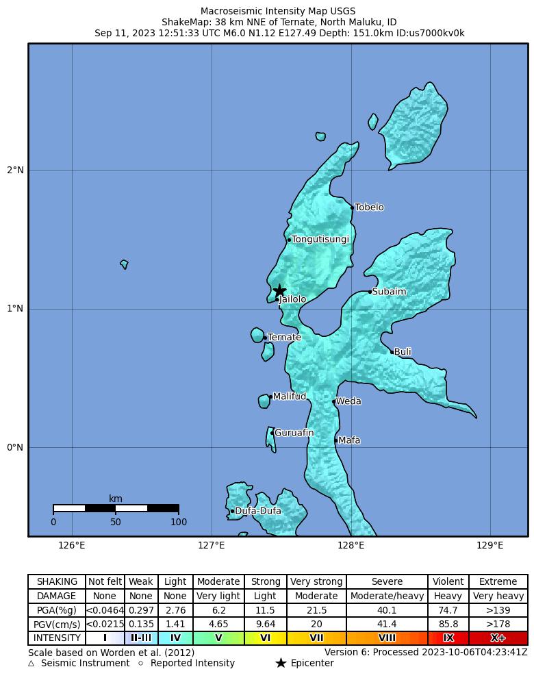 USGS ShakeMap intensity contours for the M6.0 earthquake near 38 km NNE of Ternate, Indonesia