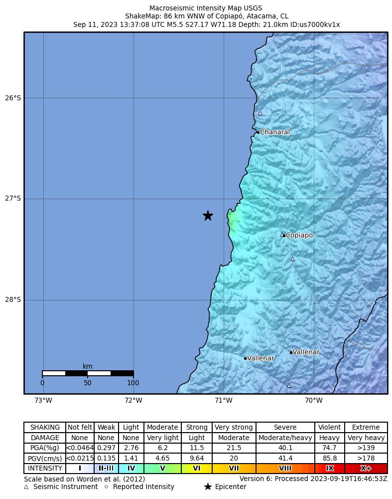 USGS ShakeMap intensity contours for the M5.5 earthquake near 86 km WNW of Copiapó, Chile