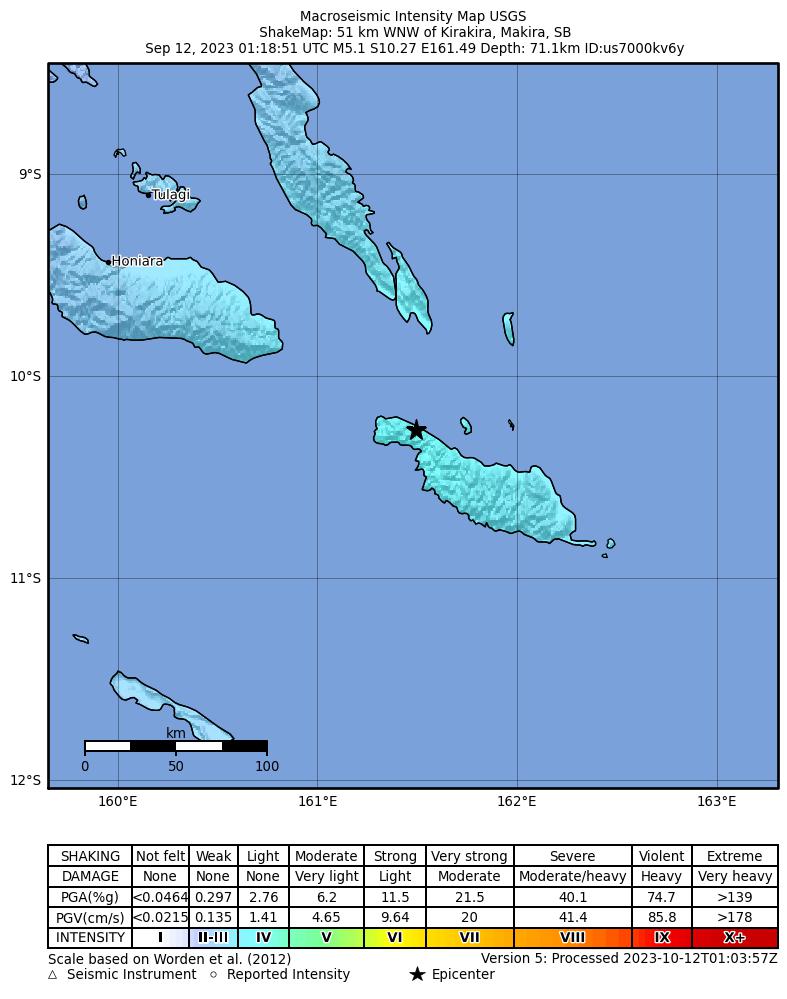 USGS ShakeMap intensity contours for the M5.1 earthquake near 51 km WNW of Kirakira, Solomon Islands