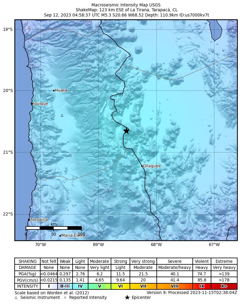 USGS ShakeMap intensity contours for the M5.3 earthquake near Tarapaca, Chile