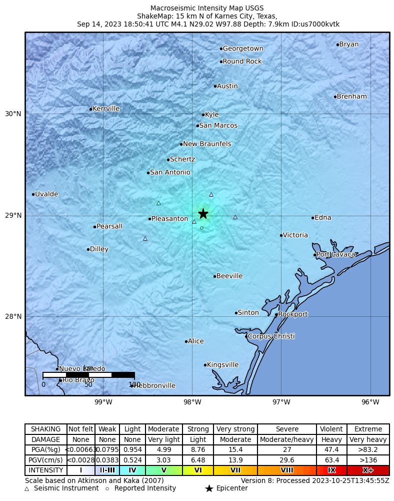 USGS ShakeMap intensity contours for the M4.1 earthquake near 16 km ENE of Falls City, Texas