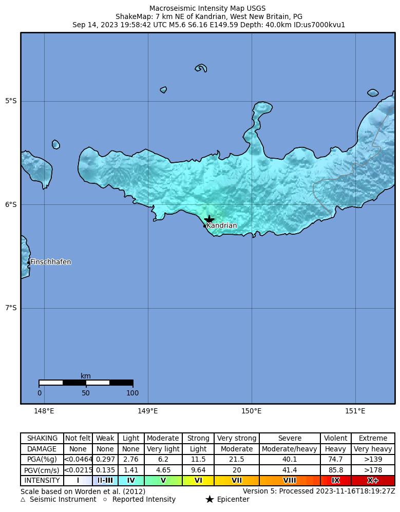 USGS ShakeMap intensity contours for the M5.6 earthquake near 7 km NE of Kandrian, Papua New Guinea