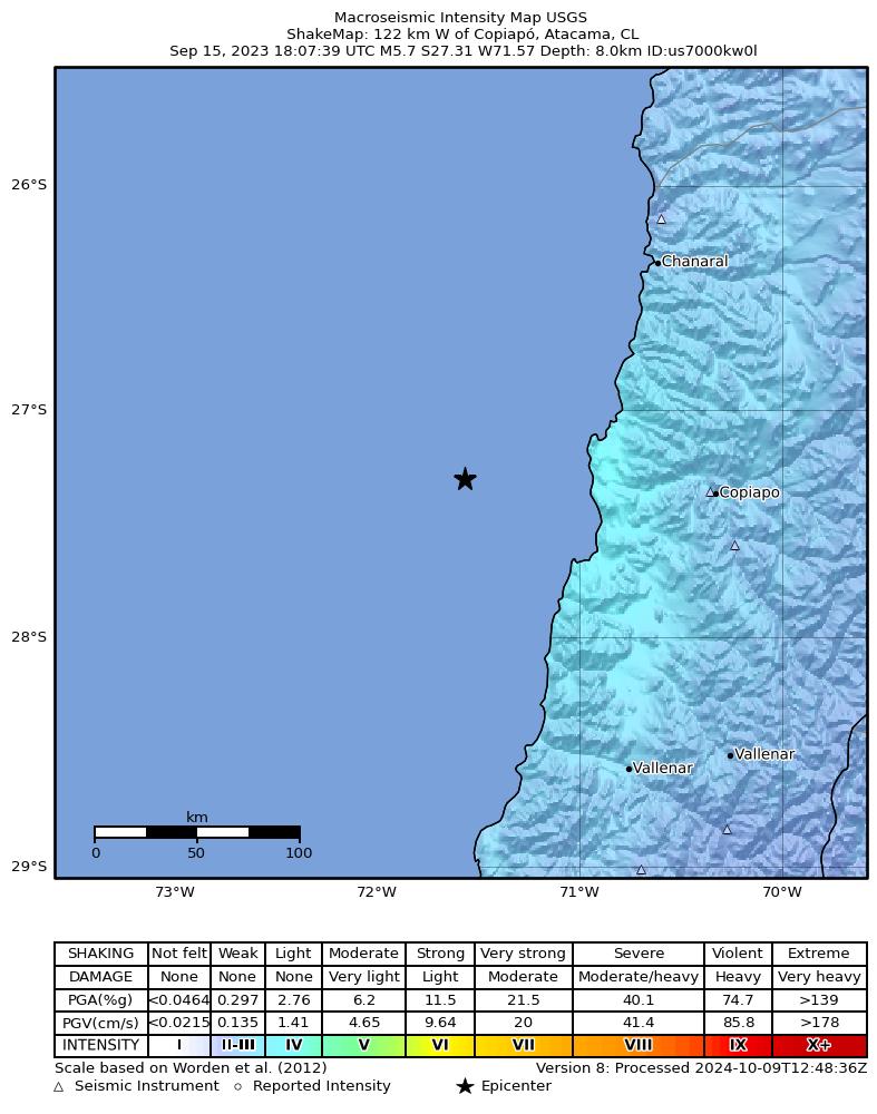 USGS ShakeMap intensity contours for the M5.7 earthquake near 122 km W of Copiapó, Chile
