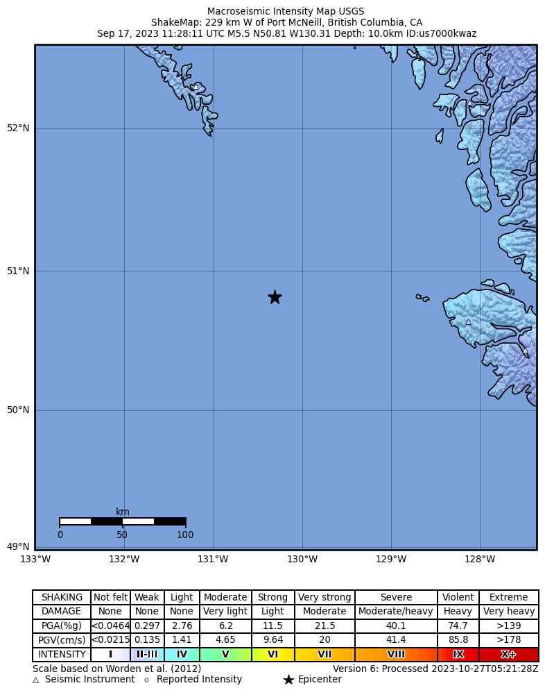 USGS ShakeMap intensity contours for the M5.5 earthquake near 229 km W of Port McNeill, Canada
