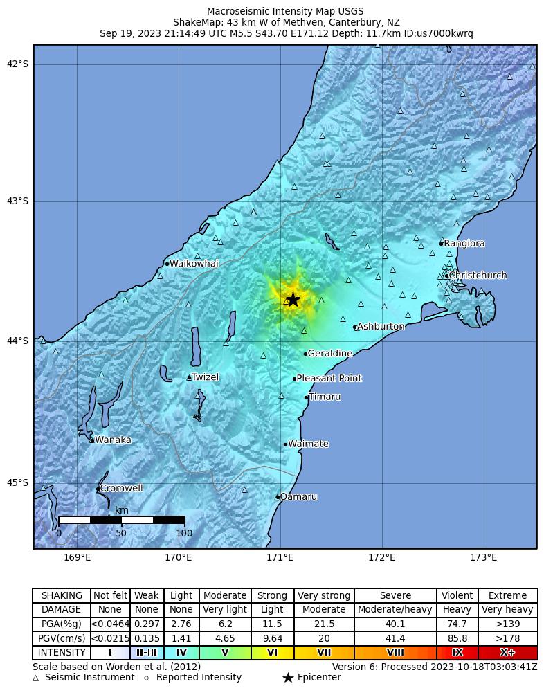 USGS ShakeMap intensity contours for the M5.5 earthquake near Canterbury, New Zealand