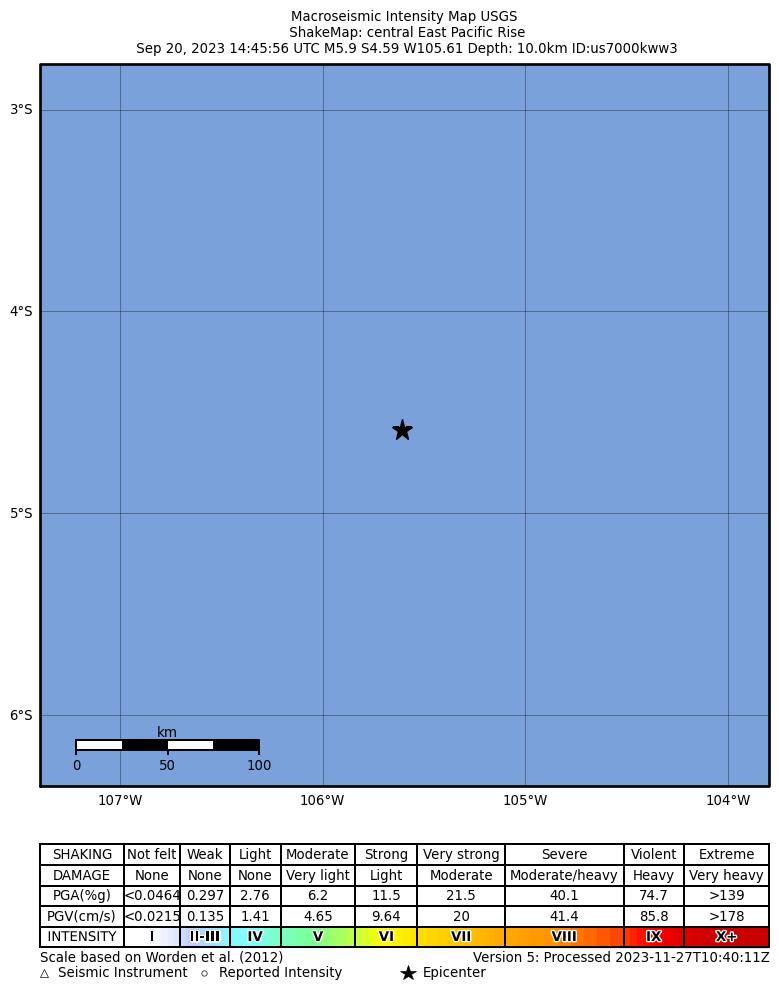 USGS ShakeMap intensity contours for the M5.9 earthquake near central East Pacific Rise