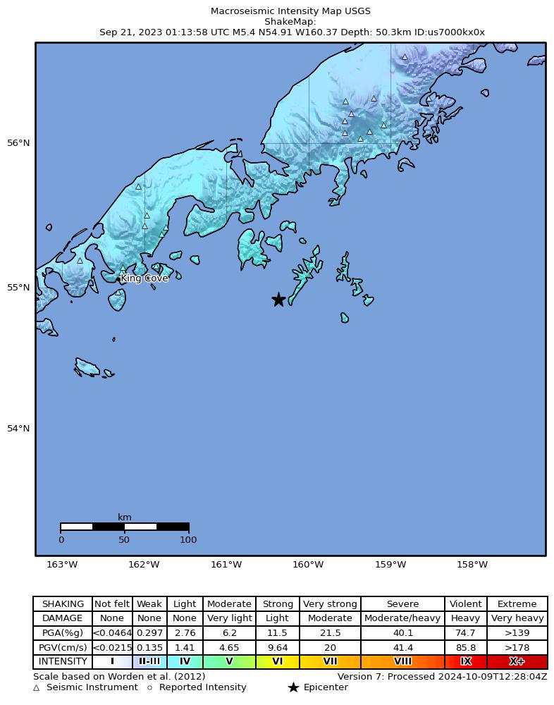 USGS ShakeMap intensity contours for the M5.4 earthquake near 47 km S of Sand Point, Alaska