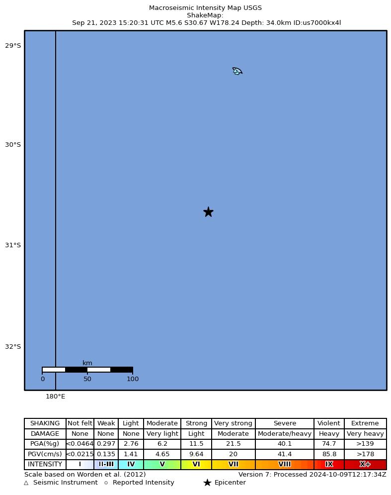 USGS ShakeMap intensity contours for the M5.6 earthquake near Kermadec Islands, New Zealand