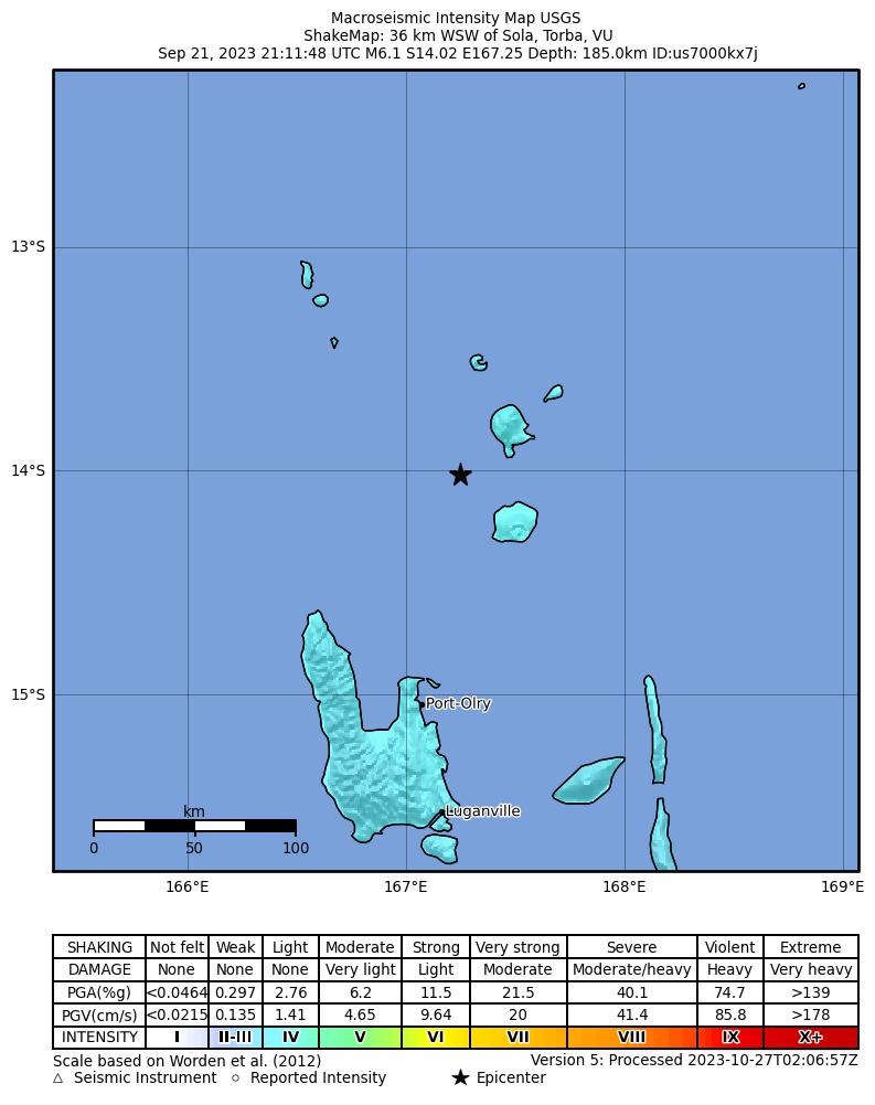 USGS ShakeMap intensity contours for the M6.1 earthquake near Vanuatu