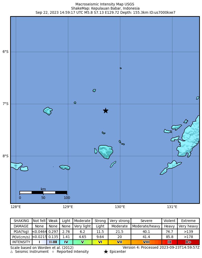 USGS ShakeMap intensity contours for the M5.8 earthquake near Kepulauan Babar, Indonesia