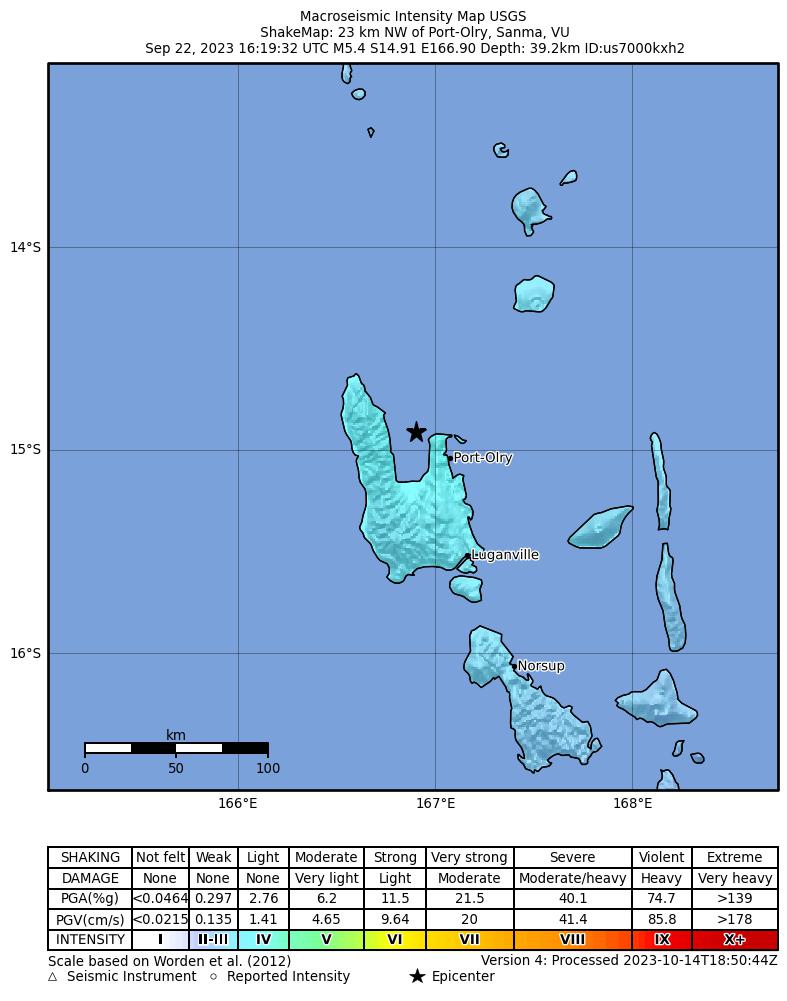 USGS ShakeMap intensity contours for the M5.4 earthquake near 23 km NW of Port-Olry, Vanuatu