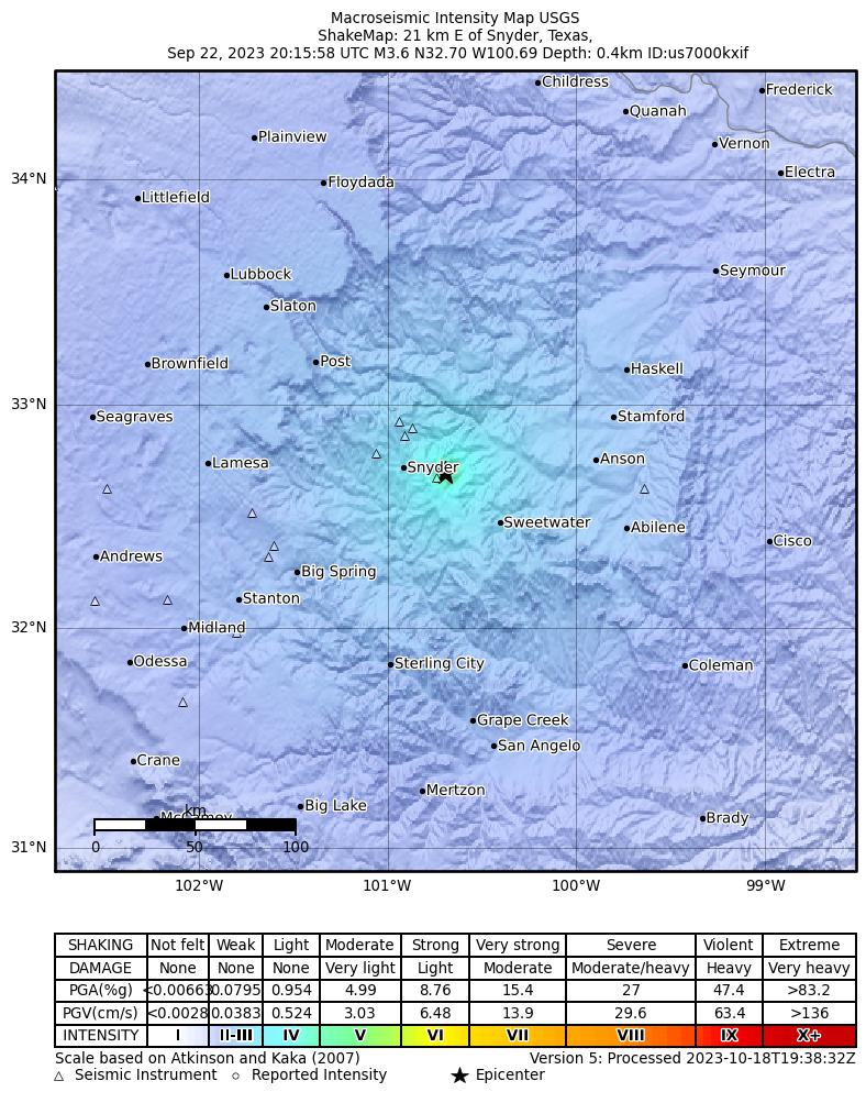 USGS ShakeMap intensity contours for the M3.9 earthquake near 8 km NE of Hermleigh, Texas