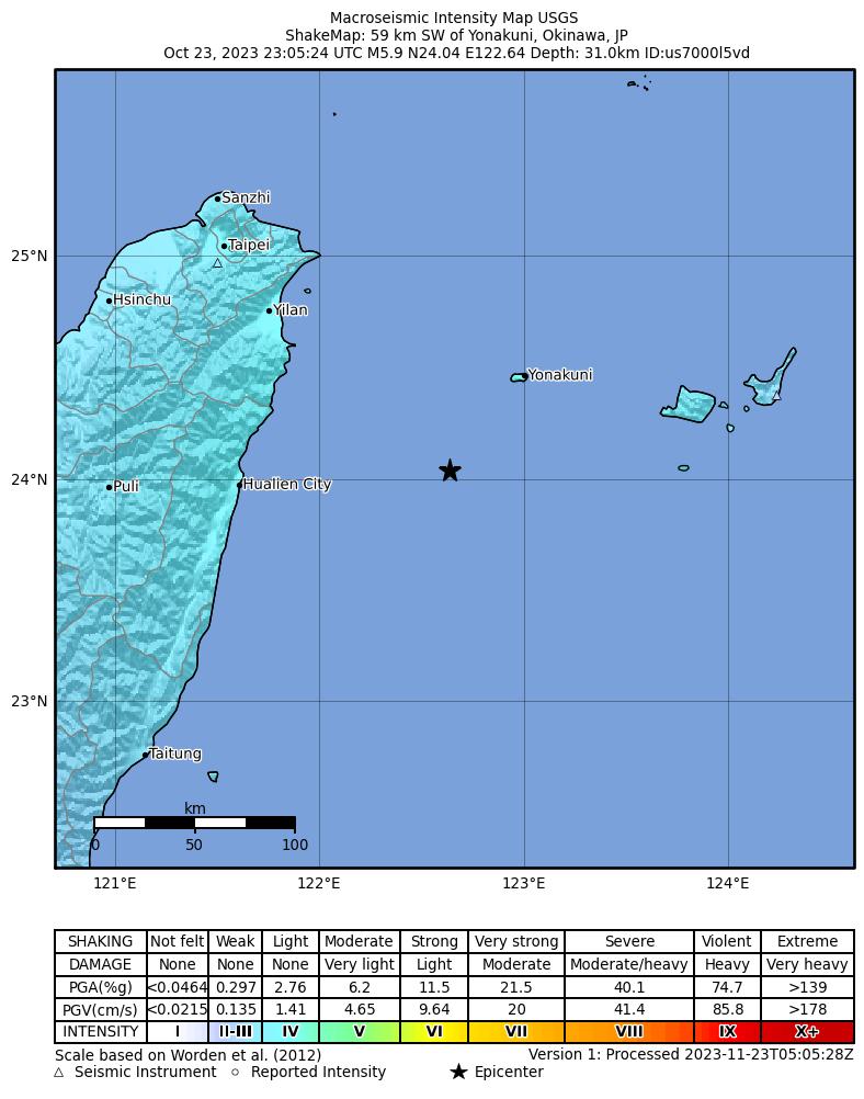 USGS ShakeMap intensity contours for the M5.9 earthquake near 59 km SW of Yonakuni, Japan