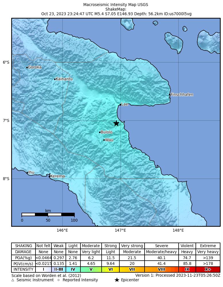 USGS ShakeMap intensity contours for the M5.4 earthquake near 36 km ENE of Bulolo, Papua New Guinea