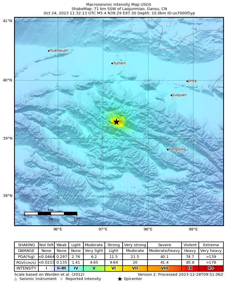 USGS ShakeMap intensity contours for the M5.4 earthquake near 71 km SSW of Laojunmiao, China