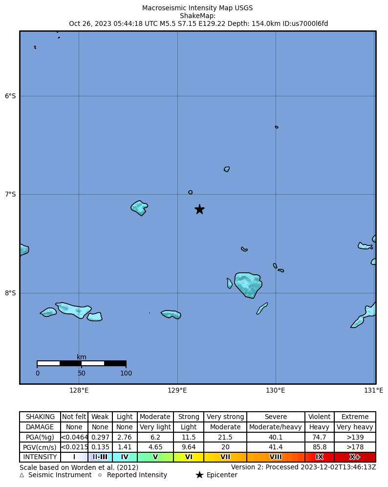 USGS ShakeMap intensity contours for the M5.5 earthquake near 288 km ENE of Lospalos, Timor Leste