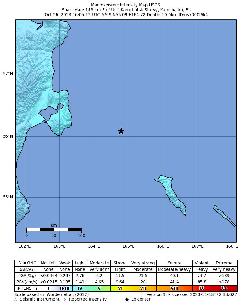 USGS ShakeMap intensity contours for the M5.9 earthquake near 143 km E of Ust’-Kamchatsk Staryy, Russia