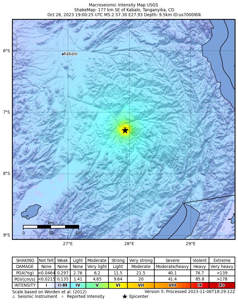 USGS ShakeMap intensity contours for the M5.2 earthquake near 177 km SE of Kabalo, Democratic Republic of the Congo